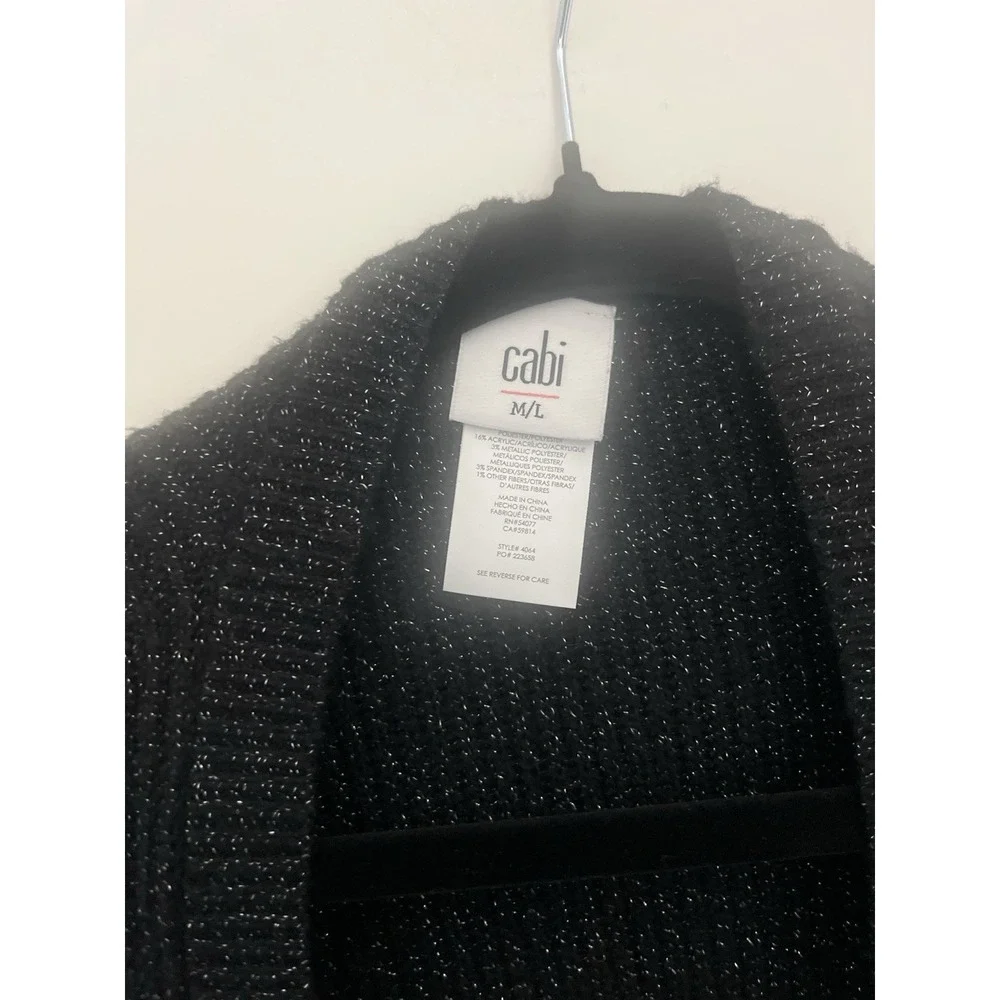 Cabi Metallic Shimmer Cocoon Cardigan Sweater M/L‎ Black Open Front Pockets Zip